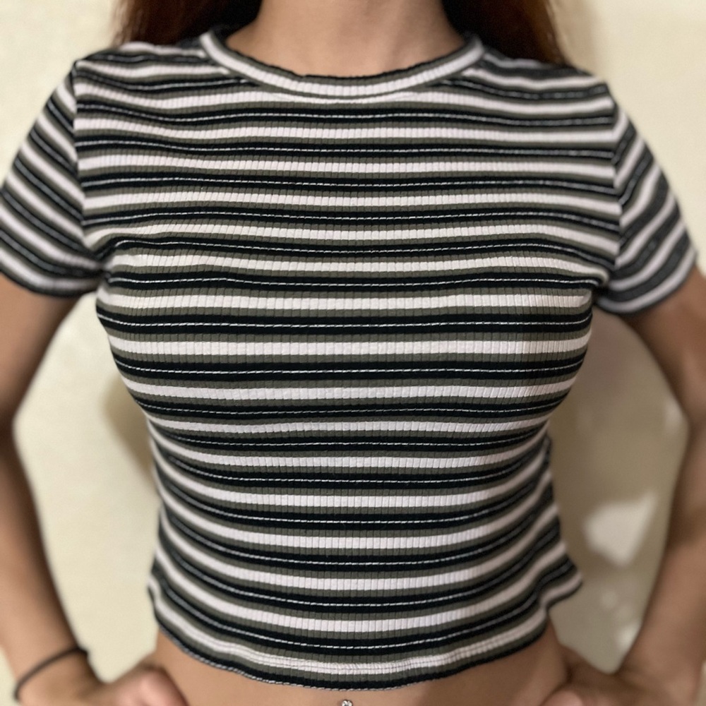 H&M Black, White, Green/Grey Striped Crop Top